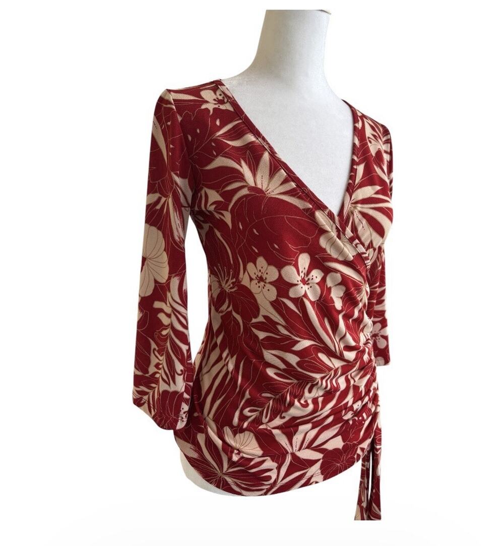 Angie Boho Red Tropical Hibiscus Floral Wrap Blouse V-Neck Ruched Sash Top L